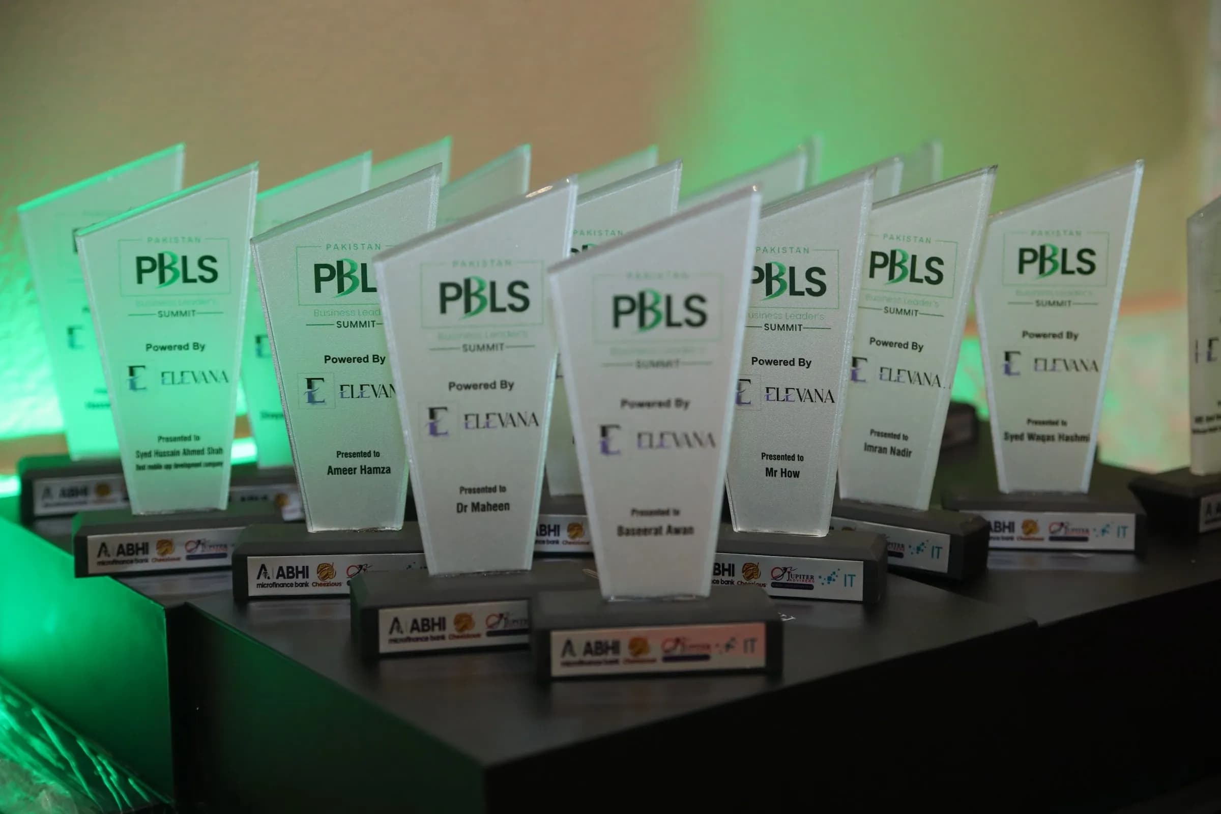 PBLS crystal recognition awards lined up under green light at PBLS Serena Islamabad