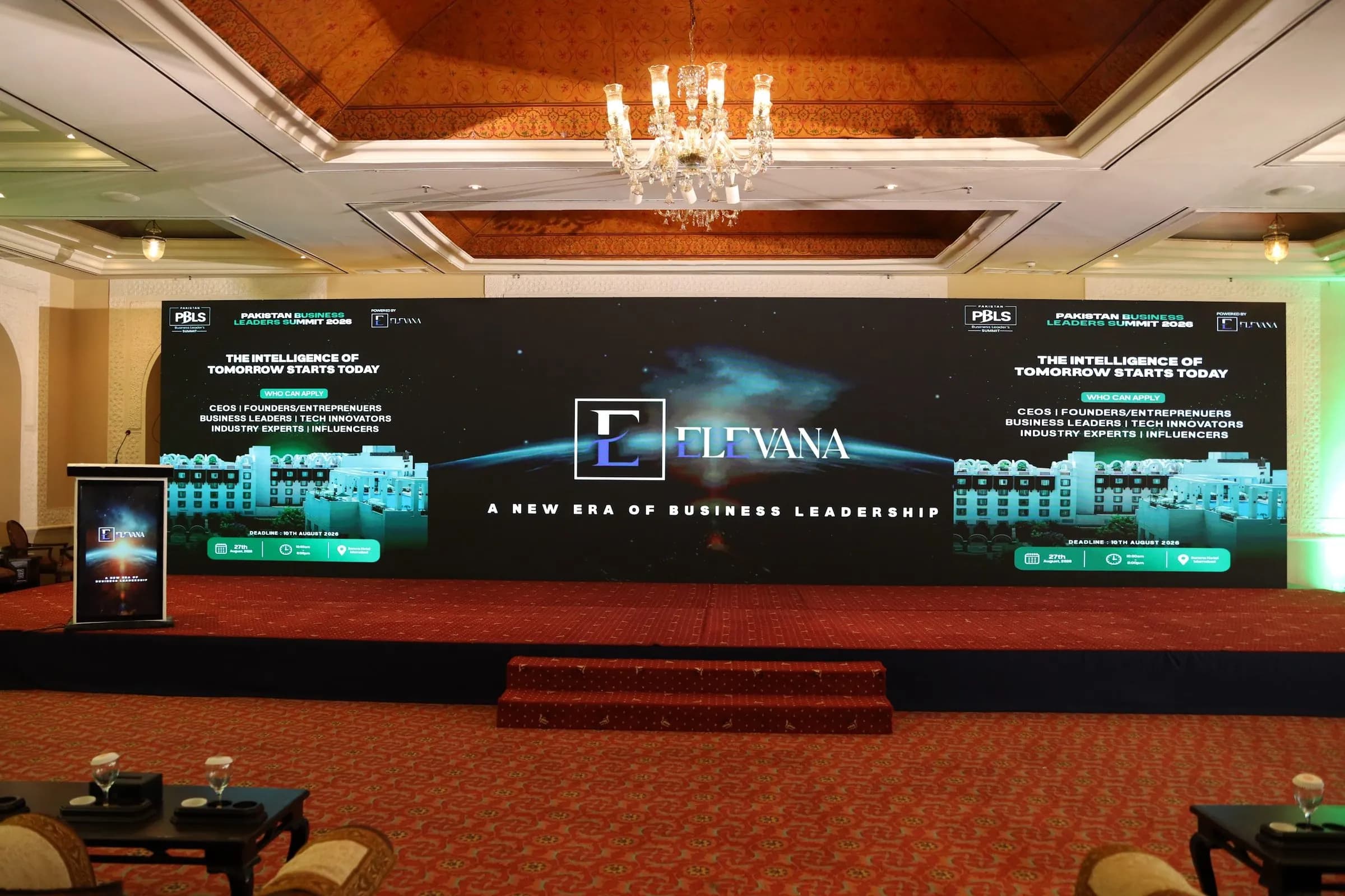 The main stage and LED screen showing the Elevana identity at PBLS Serena Islamabad